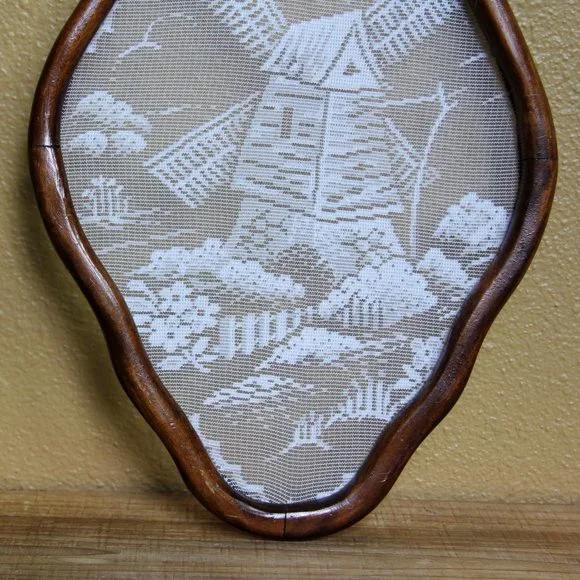 Set of 2 Framed Lace Wall Art Windmill and Lady in Bonnet, Chain Broken - Picture 6 of 11